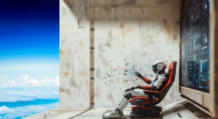 Rough charcoal sketch of a high-tech robot, seated in a chair, extending its hand to project a glowing "AI" symbol. 