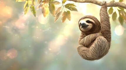 Tranquil Sloth Hanging Peacefully on Branch with Pastel Backdrop