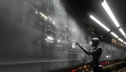 Rough charcoal sketch of a modern robot holding out its hand to display a glowing "AI" icon