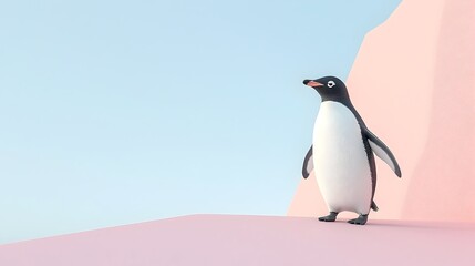 Naklejka premium penguin, gentoo, bird, animal, pink, background, standing, upright, black, white, minimalist, playful, wildlife, nature, Antarctica, isolated, fauna, seabird, avian, monochrome, cold, waddle, cute, sm