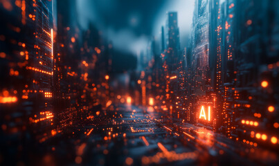 The acronym "AI" is displayed in bright, glowing pixels amidst a complex web of digital connections, representing the flow of information within artificial intelligence systems