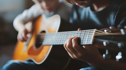 Fototapeta premium Father and Son Bonding Over Guitar Playing at Home