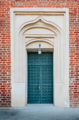 Carved front door of a Catholic church. 