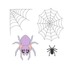 Cute spider cobweb vector clip-art set isolated on white. Coquette Halloween illustration.