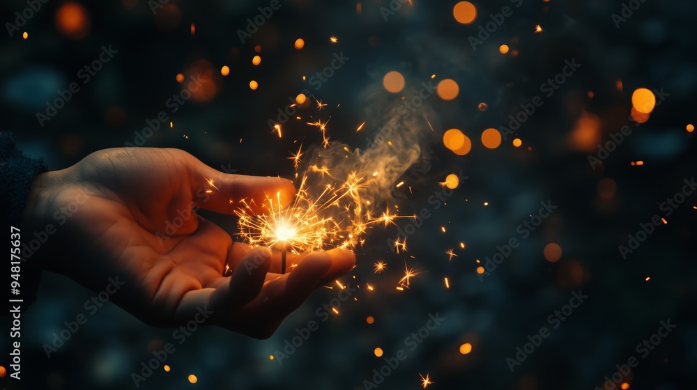 Poster a hand holds sparkling embers, creating a mesmerizing glow against a dark background during twilight