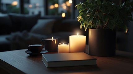 Cozy Living Room Table with Candles and a Book