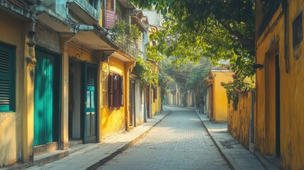 Fototapeta premium Quiet street in the old quarter of Hanoi, Vietnam, with colorful houses. No people, copy space.