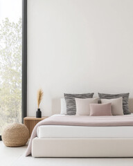 Modern minimalist bedroom interior in neutral colors with a bed next to a window and elegant decor.