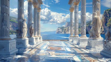 Classical Greek Temple Overlooking the Sea with Corinthian Columns

