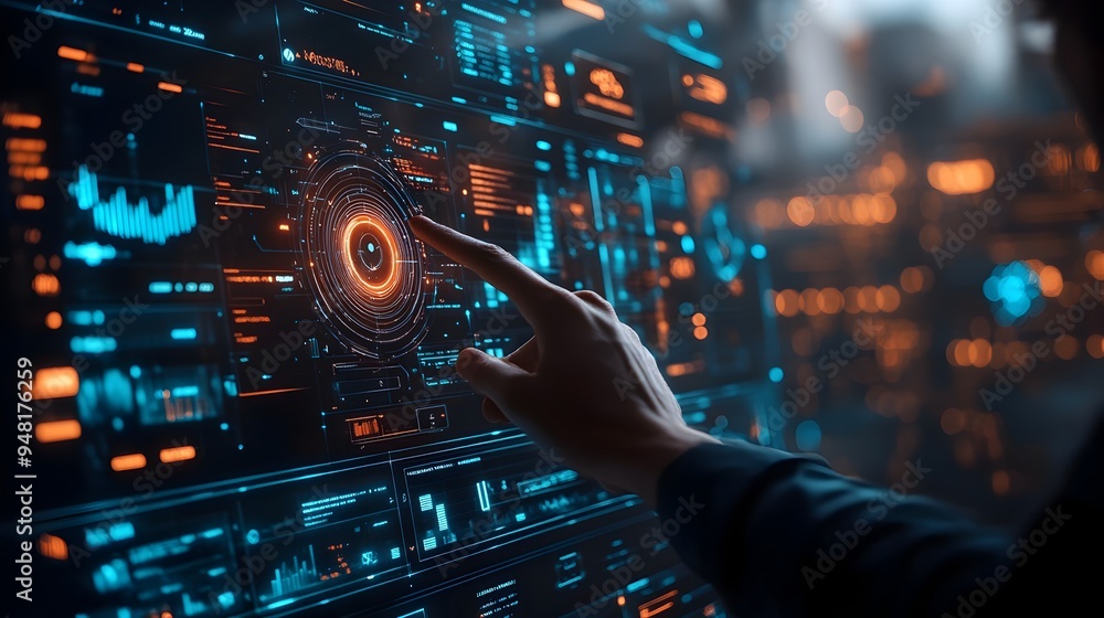 Poster futuristic holographic interface showcasing advanced web analytics and tech