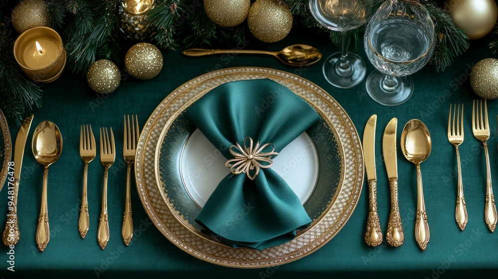 Poster a table with a green napkin and goldware