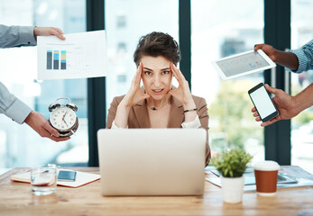 Woman, chaos and group with hands, office and portrait with charts, laptop and phone screen....