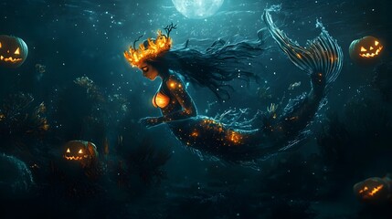 Fototapeta premium Ethereal Bioluminescent Mermaid Amid Ghostly Coral and Eerie Ocean Creatures under Moonlit Waves