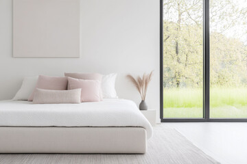 Fototapeta premium Modern minimalist bedroom interior in neutral colors with a bed next to a window and elegant decor.