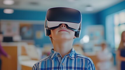 Schoolboy Exploring Virtual Reality in Elementary Classroom with Modern Technology
