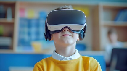 Schoolboy Exploring Virtual Reality in Elementary Classroom