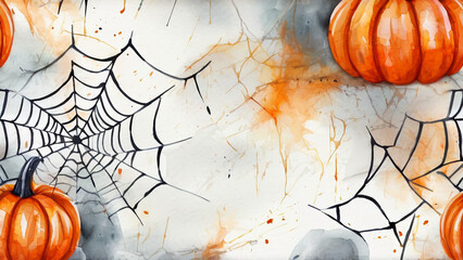 Abstract Watercolor Background for Halloween with Jack O Lantern and Spider Web, Spooky and Artistic