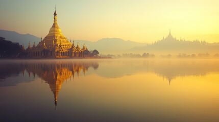 Fototapeta premium Serene lake in Myanmar with a golden temple in the distance. No people, copy space.