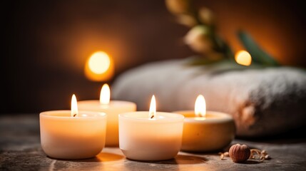 The soothing flame dances near blooming flowers and scented candles.