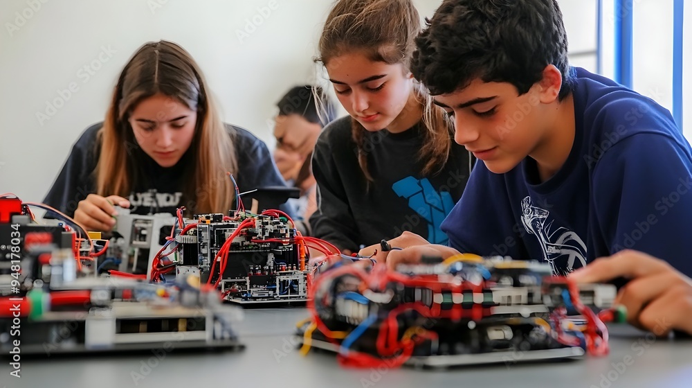 Poster students collaborating in robotics workshop to build and program electric toys