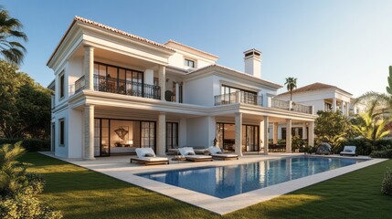 A large white house with a pool and a balcony