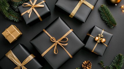 Naklejka premium Wrapped Christmas presents in brown kraft paper with golden details rest against a dark, moody background embellished with bokeh lights for a festive atmosphere
