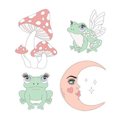 Naklejka premium Cute frog Fly-agaric Crescent vector clip-art set isolated on white. Coquette Halloween illustration.