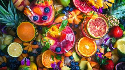 Fresh Fruit Cocktails on Sunny Yellow Background – Summer Beverage.
