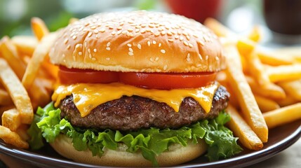 A mouthwatering cheeseburger with fries and tomato slices, arranged on a plate, ready to be enjoyed.