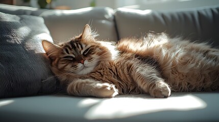 Chubby Feline Frolicking Across Couch in Gentle Sunbeam