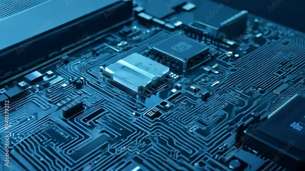Poster close-up view of a computer circuit board showcasing intricate electronic components and connections