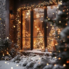 Christmas Decorated Storefront Window with Snowy Winter Landscape.