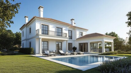 A large white house with a pool and a patio