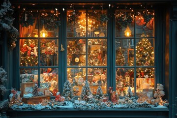 Christmas Decorated Storefront Window with Snowy Winter Landscape.