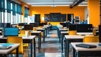 Rows of desks with laptops, emphasizing classroom setup coding classroom,STEM education