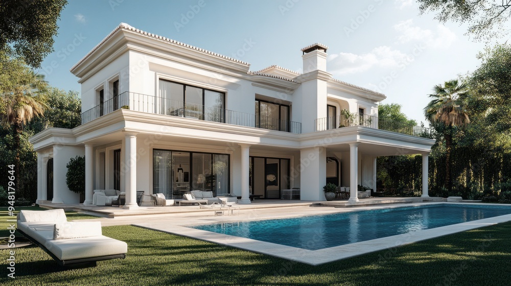 Poster a large white house with a pool and a fireplace