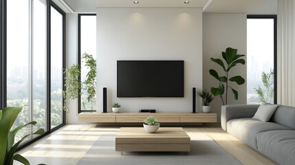 Modern living room interior design with a TV on the wall, a couch, and plants.