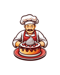 A vector illustration of a smiling baker with a mustache, wearing a white chef hat and a red apron, decorating a large cake with whipped cream and cherries.