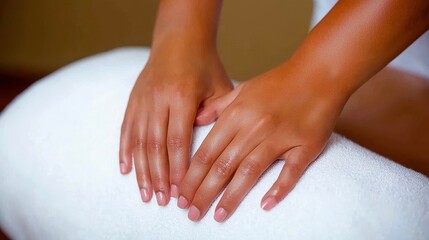 Close-up of hands gently resting on a white towel, evoking a serene massage or relaxation environment.