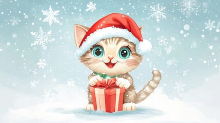 A cute cartoon cat wearing a tiny Santa hat, holding a gift and surrounded by snowflakes.