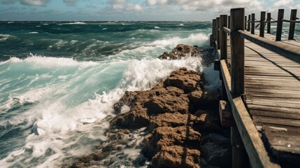 Fototapeta premium Wooden Pier Overlooking Stormy Ocean Waves