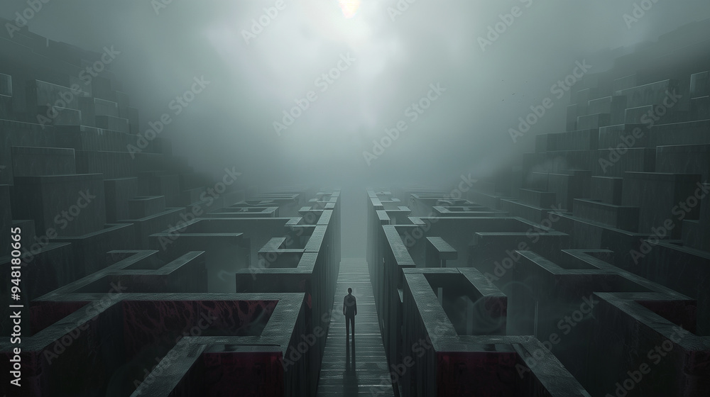 Wall mural a man is walking through a maze with a red line on the ground. the maze is dark and gloomy, and the 