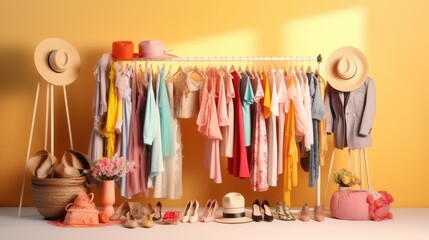 Assorted colorful garments hanging in large indoor closet.