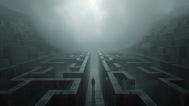 A man is walking through a maze with a red line on the ground. The maze is dark and gloomy, and the man is lost