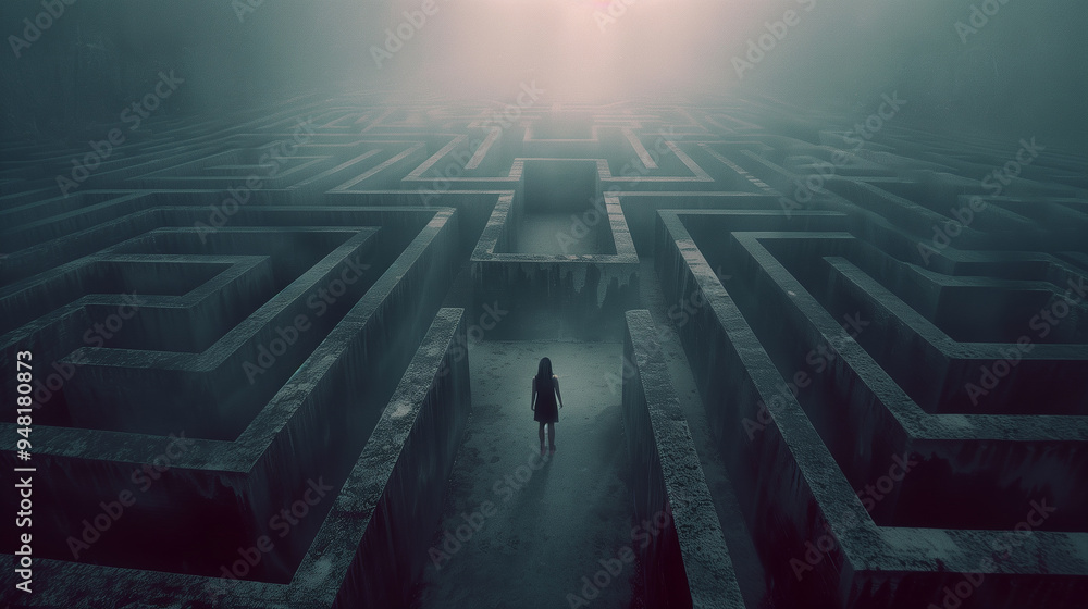 Wall mural a man is walking through a maze with a red line on the ground. the maze is dark and gloomy, and the 