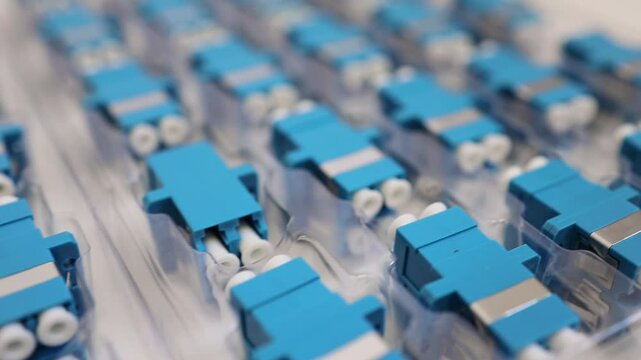 Optical adapters with different connectors in plastic blisters on the table, a batch of goods