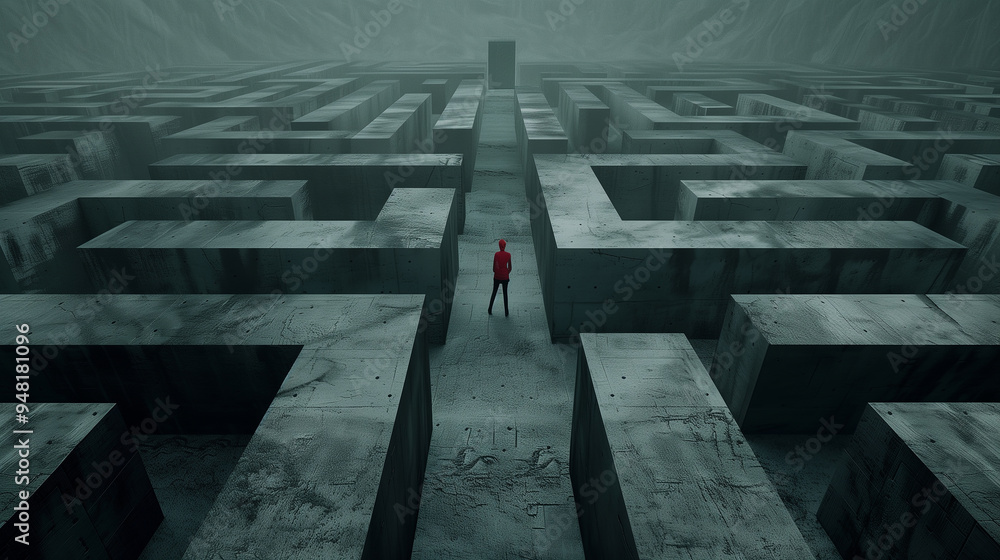 Wall mural a man is walking through a maze with a red line on the ground. the maze is dark and gloomy, and the 