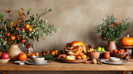 Abundant autumn harvest display featuring turkey, seasonal fruits, vegetables, and decorative foliage on a rustic wooden table