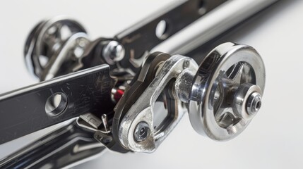 Obraz premium Professional video camera dolly rail system close-up on white background