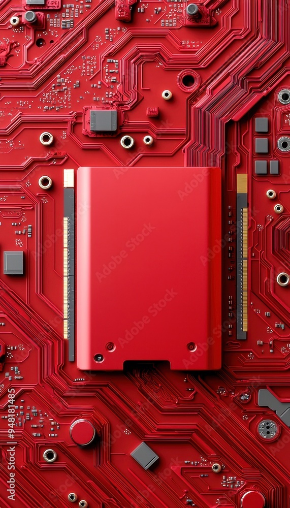 Poster vibrant red circuit board with a sleek storage device, showcasing modern technology and design eleme